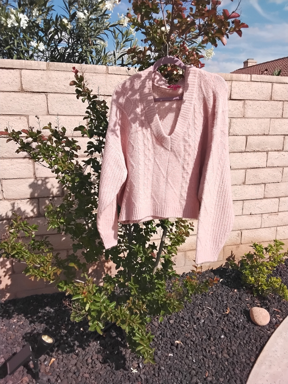 Guess Blush Pink V-Neck Cable Knit Sweater